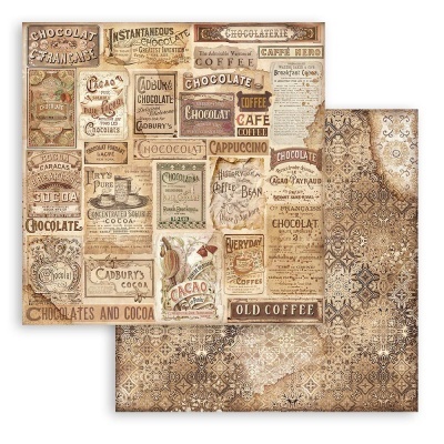 Papel decorativo vintage com temas de chocolate, café e cacau em tons castanho e bege