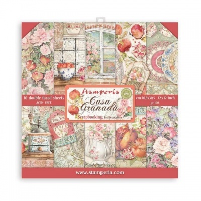 Conjunto de scrapbooking Stamperia Casa Granada com estampados florais e de frutos em tons suaves