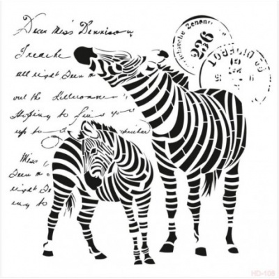 Desenho artístico a preto e branco de duas zebras com texto manuscrito e carimbos de correio.
