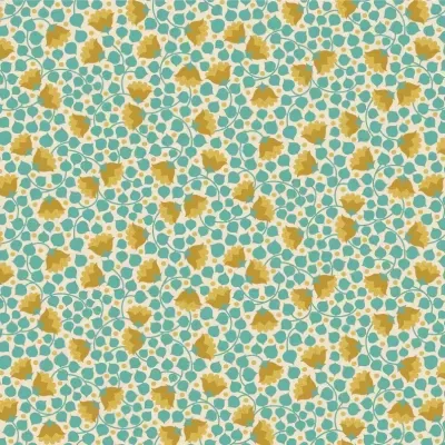 Padrão floral com flores amarelo-mostarda e folhas verde azulado em fundo branco