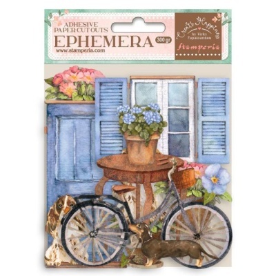 Conjunto de recortes em papel adesivo com tema decorativo de bicicleta, flores, cães e janela