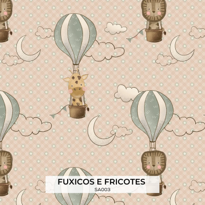 Papel de parede infantil com balões de ar quente e animais num fundo rosa com padrão geométrico