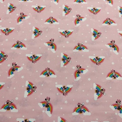 Tecido rosa com padrão de Minnie Mouse em arco-íris e estrelas brancas