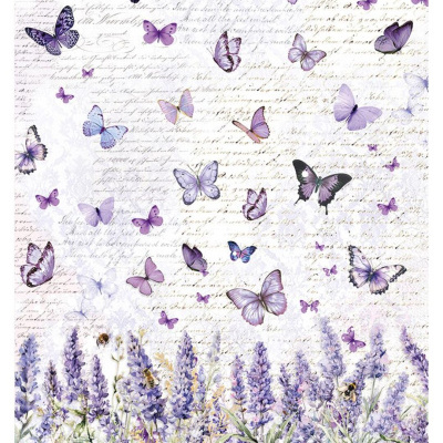 Papel decorativo com borboletas lilás, flores e texto manuscrito