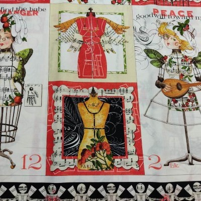 tecido estampado com manequins de costura, flores, música e texto