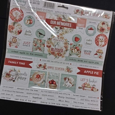 Autocolantes de cartão com tema de maçã, imagens de maçãs, animais, texto em inglês e padrões florais.