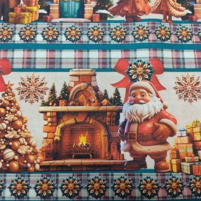 Tecido com estampado natalício colorido com Pai Natal, árvore de Natal e lareira