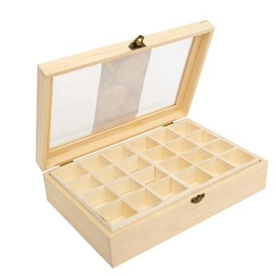 Caixa organizadora de madeira com tampa de vidro e múltiplos compartimentos