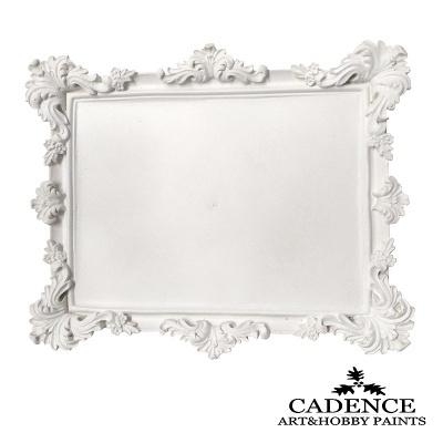 Moldura retangular branca com decoração em relevo e logotipo Cadence Art&Hobby Paints
