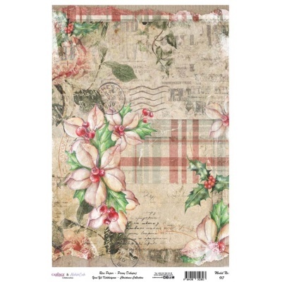 Papel decorativo natalício com flores, folhas e padrão xadrez