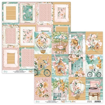 Folhas de papel decorativo com designs vintage e florais em tons pastel