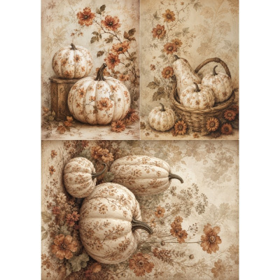 Abóboras decorativas com padrão floral beige e castanho em três composições fotográficas