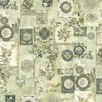 Papel de parede vintage com padrão floral e elementos botânicos em tons de verde e bege