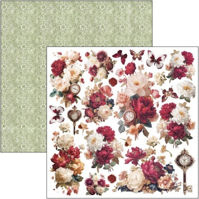Papel decorativo dupla face com estampas florais coloridas e padrão floral verde claro