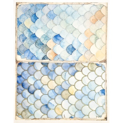 Padrão de escamas em papel envelhecido com cores azuis e douradas