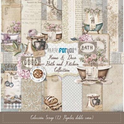 Papéis decorativos dupla face com temas de casa, banho e cozinha em estilo vintage e cores suaves