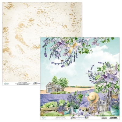 Papel para scrapbook com padrão rústico bege numa face e ilustração de jardim com lavanda e chapéu de palha na outra.