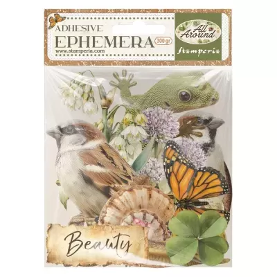 Ephemera adesivo com ilustrações de pardais, borboleta, lagarto, flores, concha e trevo.