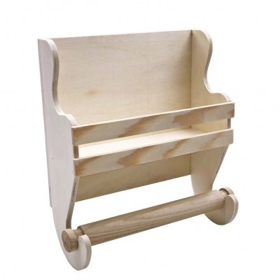 Estante de madeira clara para parede com barra inferior cilíndrica