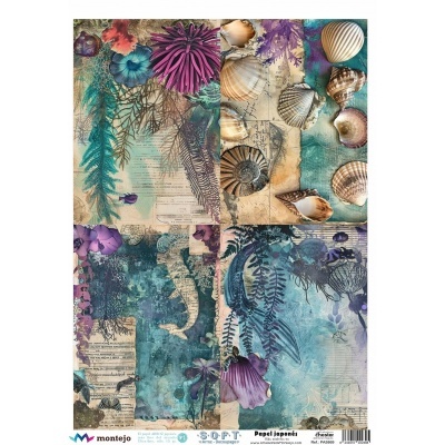 Papel japonês decorativo com temas marinhos em quatro quadrantes coloridos