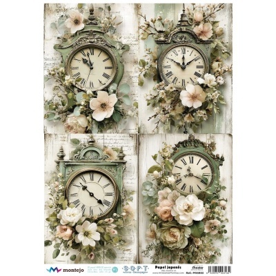 Quatro relógios antigos verdes com flores em papel japonês Montejo