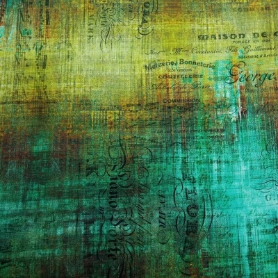 Textura artística com tons verdes e amarelos e textos em francês em estilo antigo