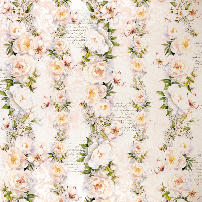 Papel de parede floral creme, rosa e verde com borboletas e escrita cursiva