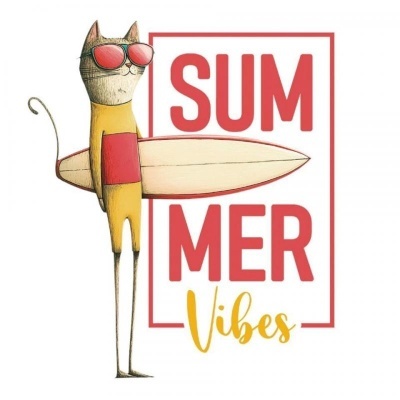 Gato ilustrado com prancha de surf e texto summer vibes