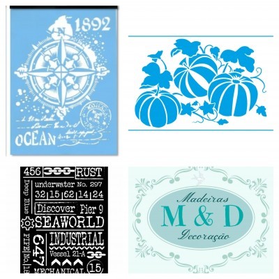 Quatro imagens distintas com temas náuticos, abóboras, texto industrial e logótipo Madeiras M & D