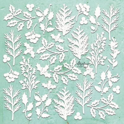 Recortes em papel branco de ramos de folhas e bagas sobre fundo verde claro