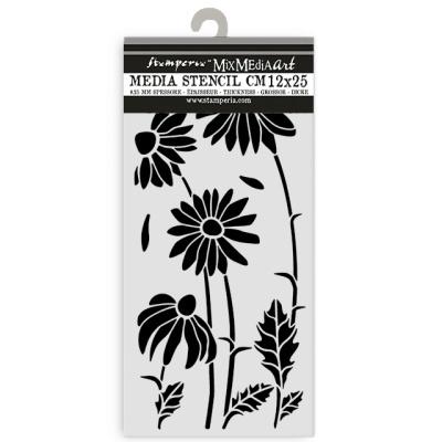 Stencil Preto e Cinzento com desenho de flores e folhas, embalagem Stamperia MixMediaArt