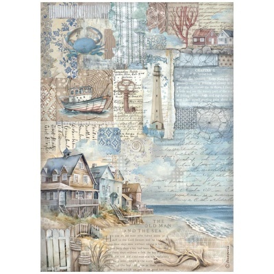 Colagem artística com tema marítimo, casas, farol, barco, caranguejo e texto em tons azuis e castanhos