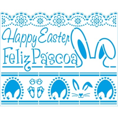 Texto 'Happy Easter Feliz Páscoa' com desenhos decorativos e coelhinhos em azul