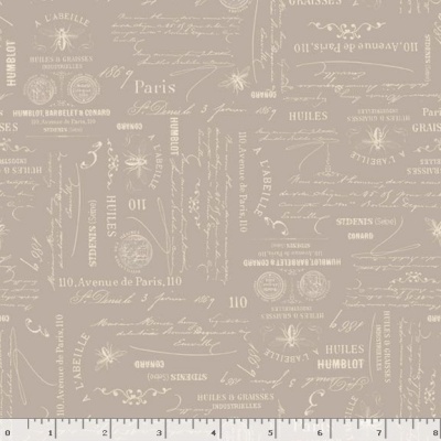 Pano ou papel de parede bege com texto vintage e desenhos em amarelo claro