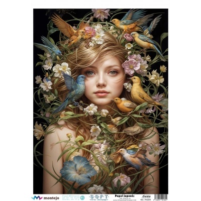 Jovem com flores e pássaros coloridos num fundo escuro