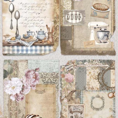 Papel decorativo vintage com imagens e texto relacionados à cozinha