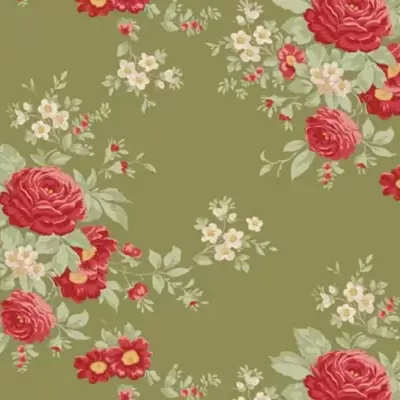 tecido com padrão floral vermelho e branco sobre fundo verde-oliva