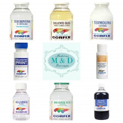 Frascos de produtos Corfix para pintura e acabamento dispostos ao redor do logotipo M&D Decoração