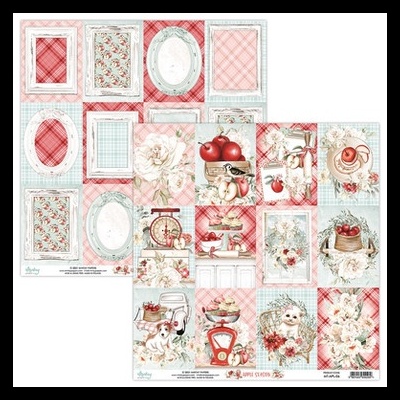 Papel para scrapbooking com molduras, flores, maçãs e utensílios em vermelho, branco e rosa