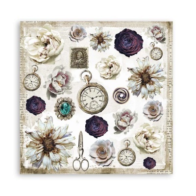 Padrão vintage com flores, relógios de bolso, chave, anel e tesouras sobre fundo branco