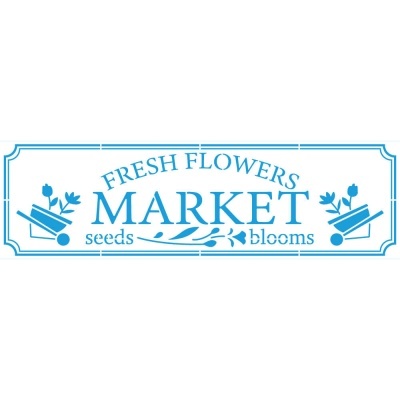 Sinal decorativo azul com texto FRESH FLOWERS MARKET e imagens de carrinhos com flores