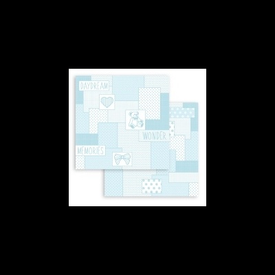 Papel quadriculado azul e branco com desenhos e palavras