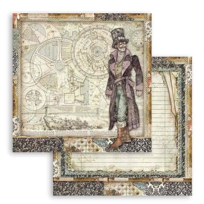 Papel decorativo vintage steampunk com desenho de homem vestido à época e padrões na margem