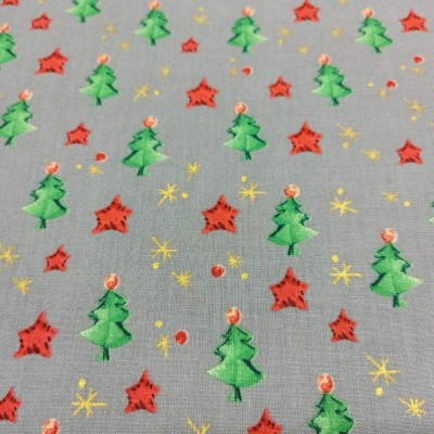 Tecido cinzento com padrões festivos verdes, vermelhos e amarelos
