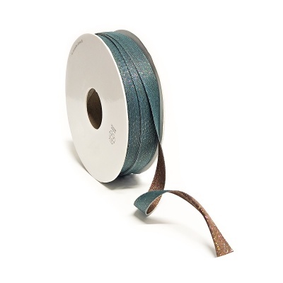 Rolo de fita decorativa azul turquesa e castanha com brilhos em carretel branco