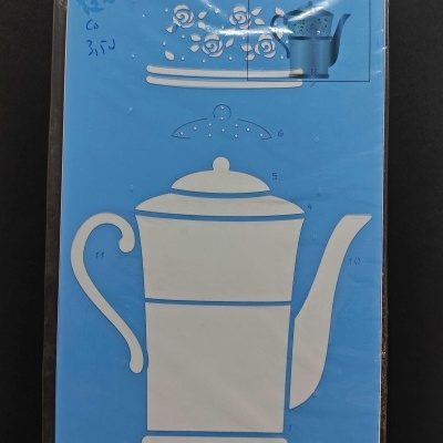 Stencil azul com forma de bule e flores em fundo preto