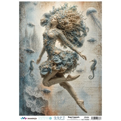 Figura feminina com vestido de conchas marinhas em pose de bailarina, peixes e cavalos-marinhos ao redor em cenário azul e bege.