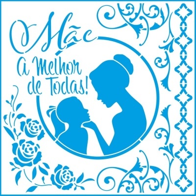Ilustração azul de mãe e filha com texto 'Mãe A melhor de Todas!' e decoração floral
