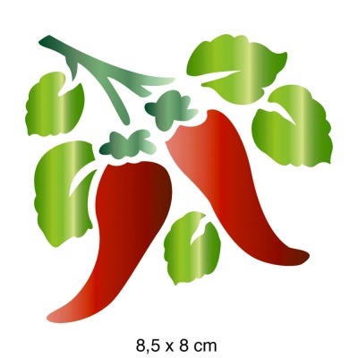 Desenho de dois pimentos vermelhos com folhas verdes e medidas em cm