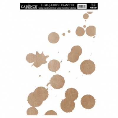 Papel de transferência têxtil com manchas bronze metálico e etiqueta CADENCE